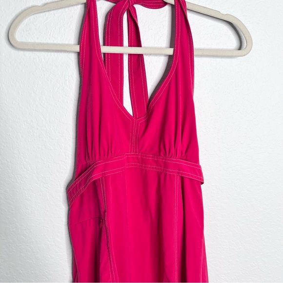 Athleta Pack Everywhere Halter Dress 12 Tall Barbie Pink Fit & Flared V Neck FF - Picture 3 of 11